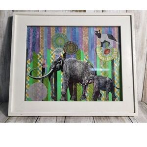 Framed Elephant Art Print‎ Whimsical Wall Decor Cat Butterfly Colorful